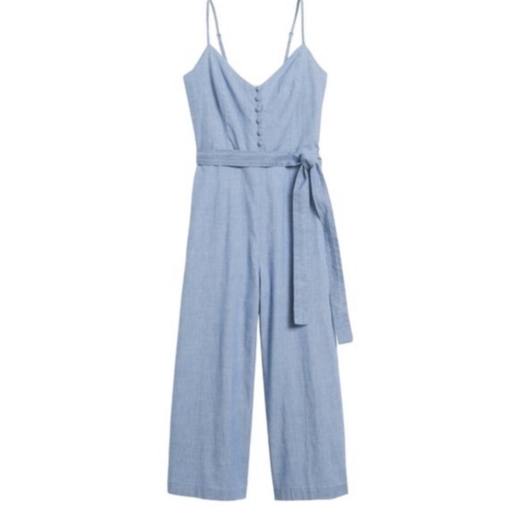 Banana Republic Chambray Blue Wide-Leg Cropped Tie Waist Jumpsuit 2 - Picture 5 of 6